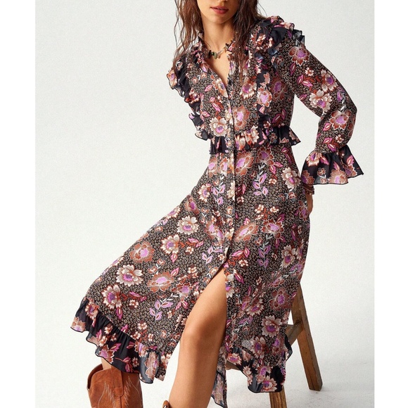 Boho Floral Print Ruffle Detail Button 3/4 sleeve Dress - Picture 2 of 7